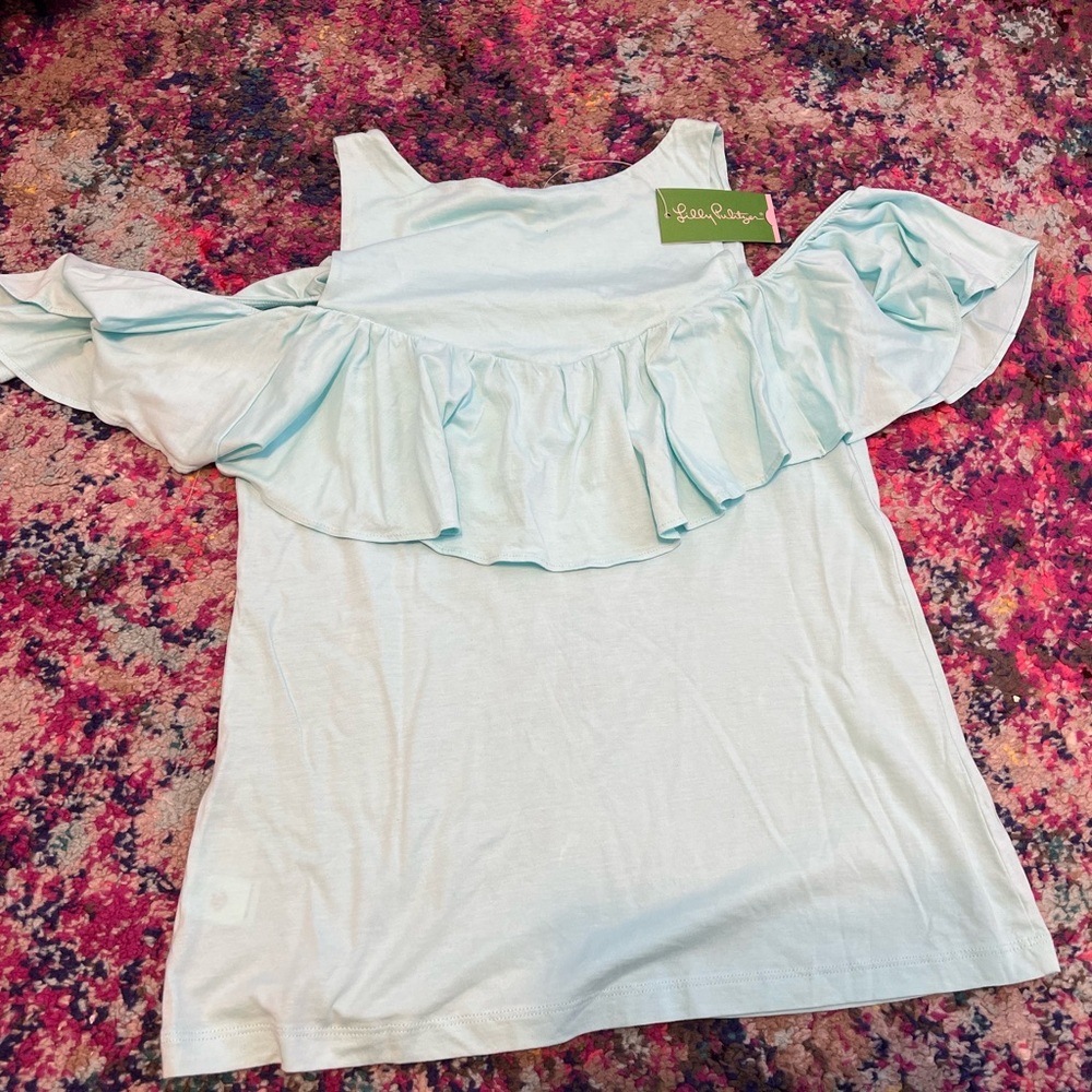 Lilly Pulitzer Light Blue Ruffle Cold-Shoulder Top s - Picture 6 of 7
